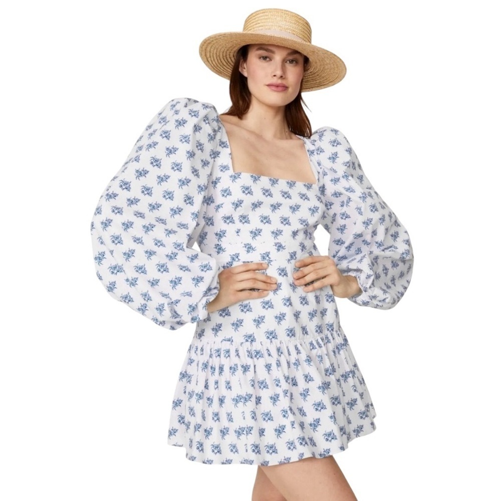 Caroline Constas - Gabriella Dress Blue White Floral Puff Sleeve Mini Sz L
